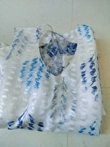 Elegant White Blue Leaf Print net Kurta Set