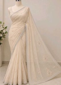 Elegant Cream Embroidered Saree