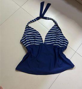 Navy Blue Striped Halter Neck Tankini Top