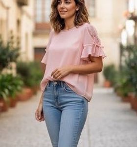 New Peach Lace Sleeve Top