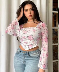 Floral Mesh Bell Sleeve Top