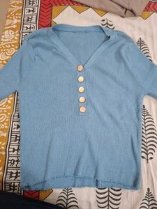 Light Blue Button-Up Knit Top