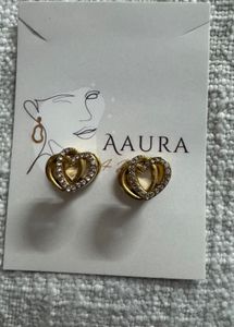 Gold Heart Stud Earrings with Crystals