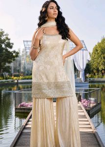 Padded silk off white kurta & sharara set