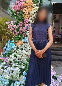 Elegant Navy Blue Lace &amp; Pleated middi