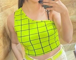 SHEIN Neon Green One Shoulder Grid Print Crop Top