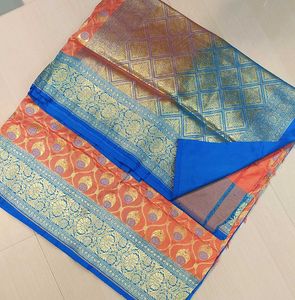 New Orange &amp; Blue Silk Banarasi Saree with bp