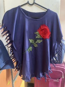 Unique Navy Top with Red Rose Applique