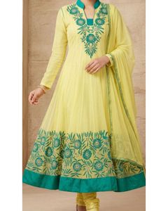 🆕 Yellow & Green Embroidered Anarkali
