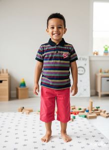 Striped Polo & Red Shorts Set
