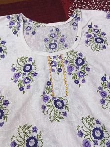 White Kurta with Purple Floral Print