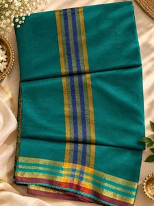 Elegant Teal Saree with Striped Border