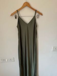 V-Neck Satin Slip Midi Dress in Olive Green