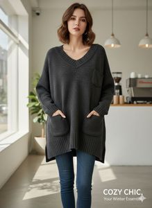 Cozy Grey V-Neck Pocket Sweater