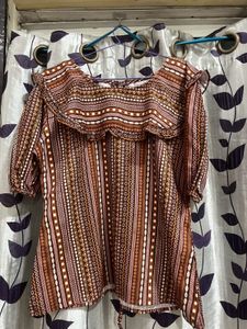 Brown Printed Top With Lace