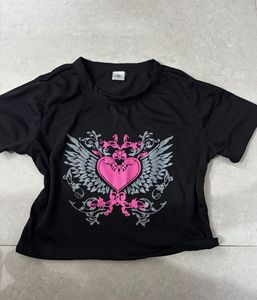 Y2k Black T-Shirt with Pink Winged Heart Graphic