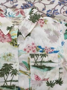 White Tropical Print Button-Up Shirt