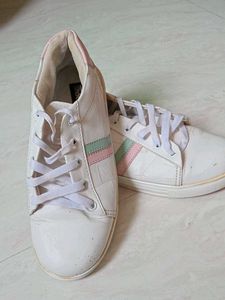 White Sneakers with Pastel Stripes