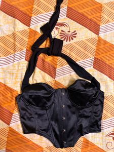 Black Satin Corset Top with Halter Neck