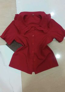 Chic Red Ruffled Collar Blouse