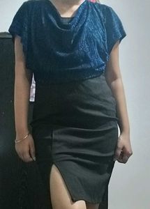 Sparkly Blue Top & Black High-Slit Skirt Set