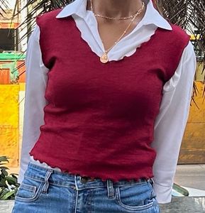 Burgundy Ribbed Lettuce Edge Tank Top