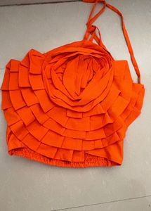Vibrant Orange Ruffled Rose Crop Top