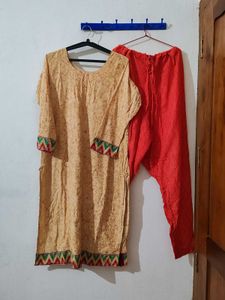 Elegant Cream Kurta with Red Pants
