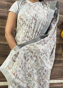 Saree With Grey Silver Tone And Stitched Blouse