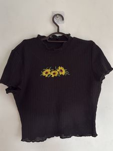 Black Ribbed Crop Top with Sunflower Embroidery