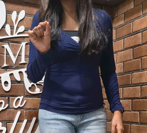 Navy Blue V-Neck Lace Trim Top