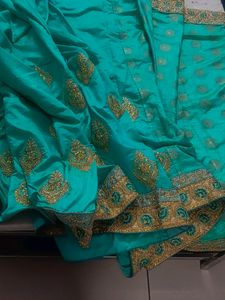 Elegant Teal &amp; Gold Embroidered Saree
