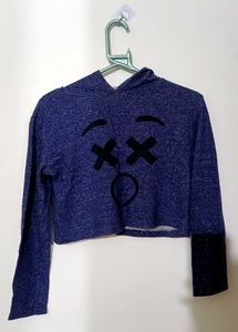 Navy Cropped Hoodie with Graphic Face Print