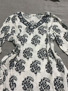 White Kurta with Navy Print