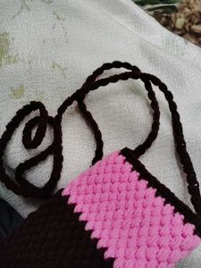 Handmade Pink &amp; Brown Crochet Phone Sling Bag