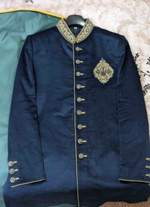 Navy Blue Velvet Designed Sherwani