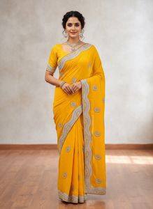 Elegant Yellow 🤩Embroidered pearl Saree💥