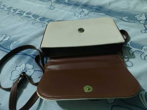 Cream Beige Crossbody Sling Bag with Brown Strap &amp;