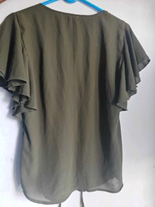 Olive Green Ruffle Sleeve Top_ Size XS