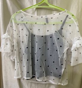 Sheer Polka Dot Top with Ruffle Sleeves