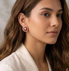Elegant Red &amp; Gold Flower Stud Earrings