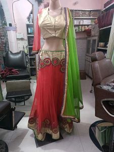 Stunning Red &amp; Green Embroidered Lehenga Choli Set