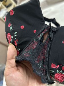 Floral Print Black Bra