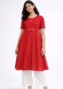 Girls Red Embroidered Casual Dress