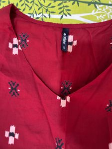 Vibrant Green Ikat Print Kurta and Red Kurt