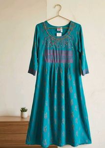 Teal Ethnic Print Anarkali Kurti