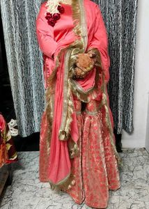 Stunning Coral Lehenga Choli with Gold Embellishme
