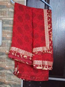 Red Floral Print Saree with Embellished Border
