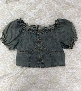 Denim Off-Shoulder Puff Sleeve Top