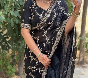 Elegant Black partywear Saree with roseGold Embroi